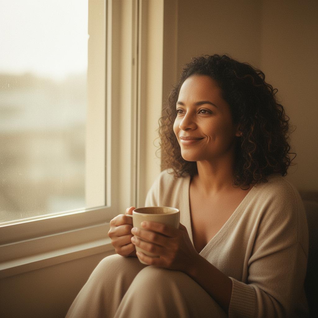 Mulher em momento de pausa, segurando uma caneca junto à janela